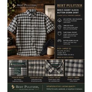 Bert Pulitzer Men's Large Black Plaid Short Sleeve Button-Down Cotton Blend